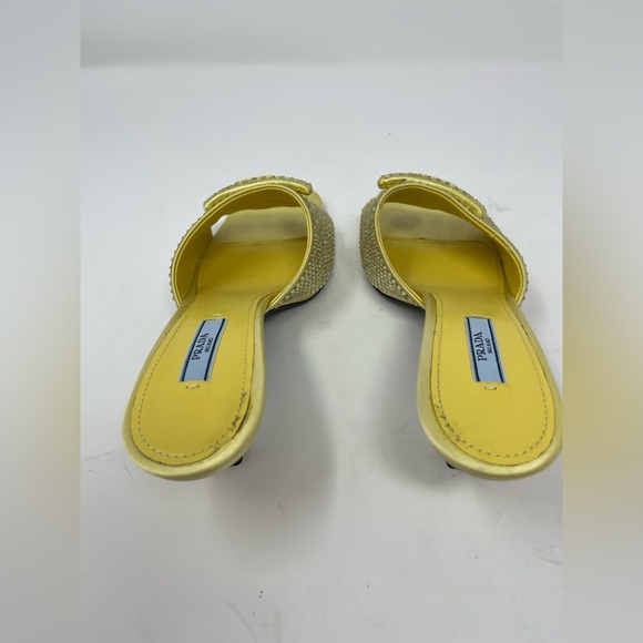 Prada Crystal Embellished Satin Mules Butter Yellow Triangle Logo Open Toe 37.5 - Picture 4 of 8